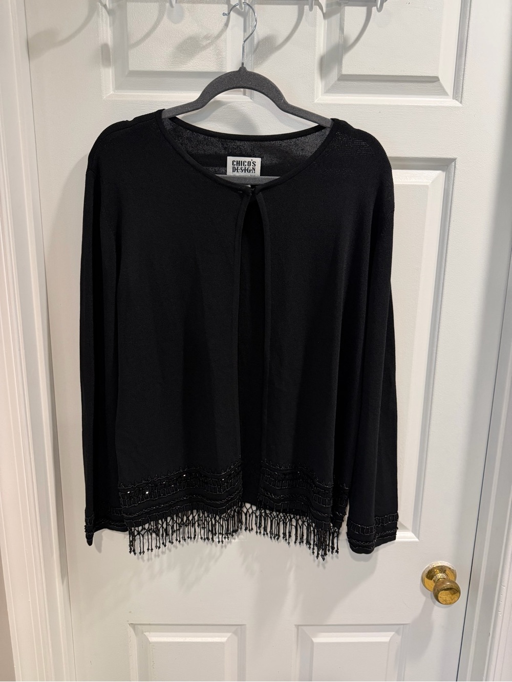 Chico's Black Knit Open-Front Cardigan with Fringe Trim Sz 2 Chicos Sz L 12
